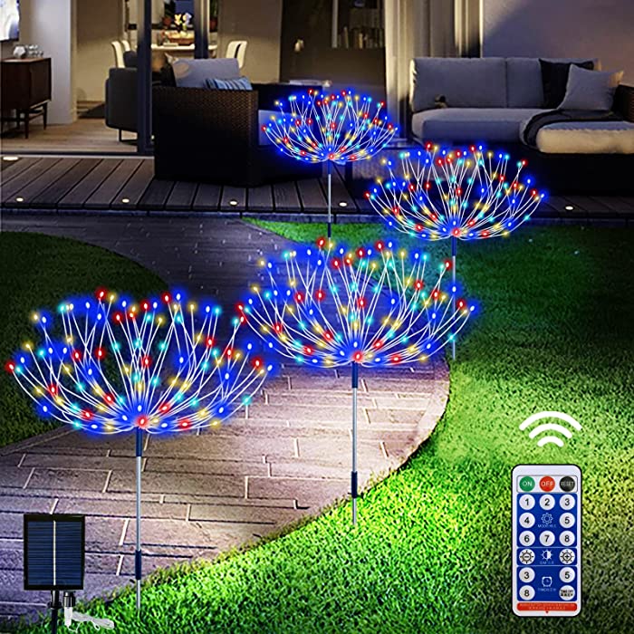 Solar Fireworks Lights Outdoor Waterproof,4 Pack Solar Garden Lights Outdoor 8 Lighting Modes with Remote Control , 480 LED DIY Starburst Lights for Patio Christmas Party Yard Decorative (Multicolor)