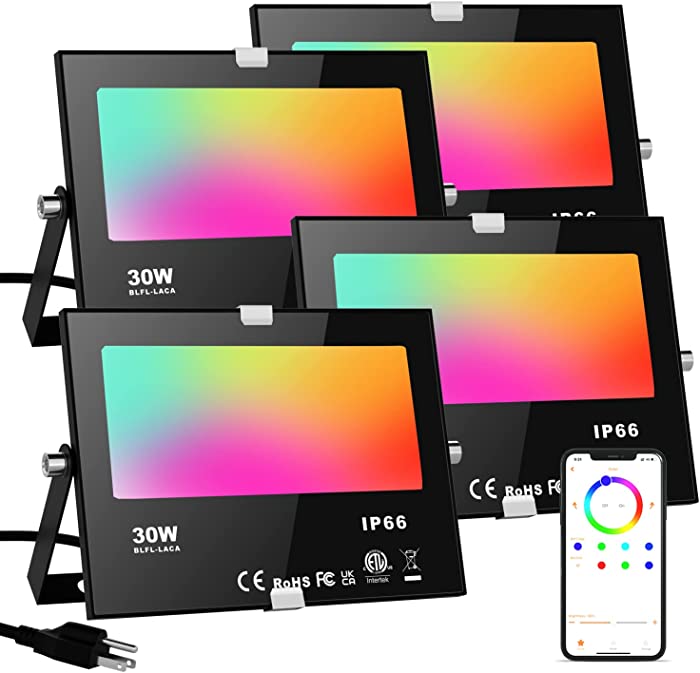 LED Flood Lights RGB Color Changing 300W Equivalent Outdoor, 30W Bluetooth Smart RGB Floodlight APP Control, IP66 Waterproof, Timing, 2700K&16 Million Colors 12 Modes for Garden Stage Lighting 4 Pack