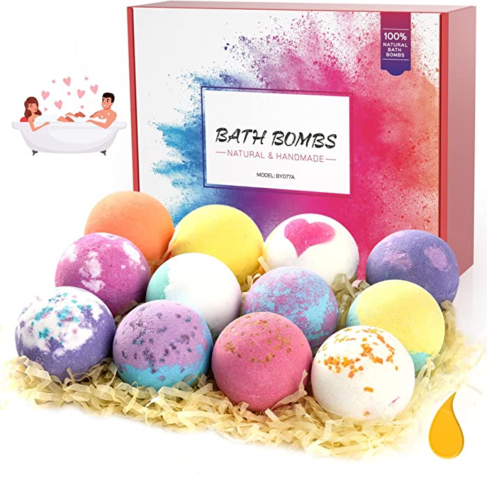 YaungBass Bath Bombs Gift Set, Natural Handmade Essential Oil SPA Bubble Bath Bomb Balls 12 Pieces, Fizzie Bath Bombs with Moisturizing Shea Butter for Women Girls Kids Mom Valentine’s Day Birthday