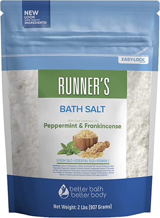 Runner's Bath Salt 32 Ounces Epsom Salt with Natural Peppermint, Frankincense, Lemon, Cypress, Tea Tree and Lemongrass Essential Oils Plus Vitamin C in BPA Free Pouch with Easy Press-Lock Seal