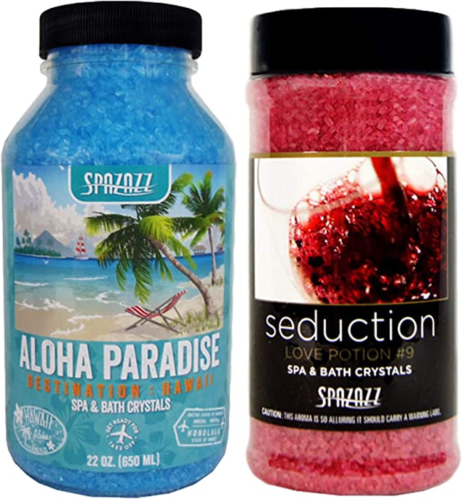 Spazazz Spa and Bath Crystals for Hot Tub and Bath Tubs — Set The Mood Love Potion #9 Seduction 17oz (482g) and Destinations Hawaii Aloha Paradise 22oz (650ml) — All Natural Aromatherapy Bundle