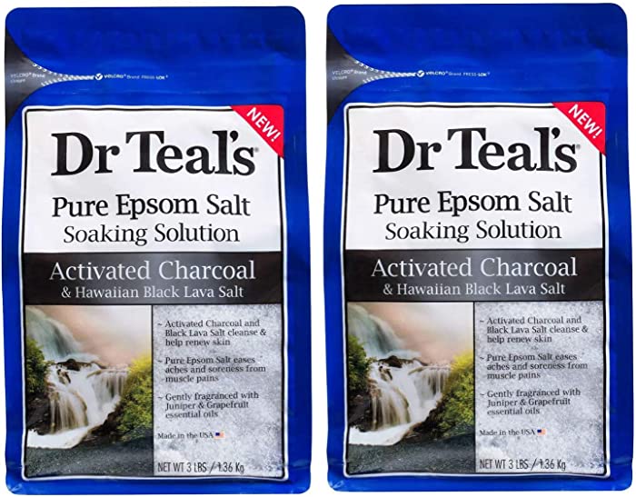 Dr Teal's Epsom Salt Activated Charcoal & Hawaiian Black Lava Salt Bath Soaking Solution - Pack of 2, 3 lb Resealable Bags - Moisturize Your Skin, Relieve Stress and Sore Muscles