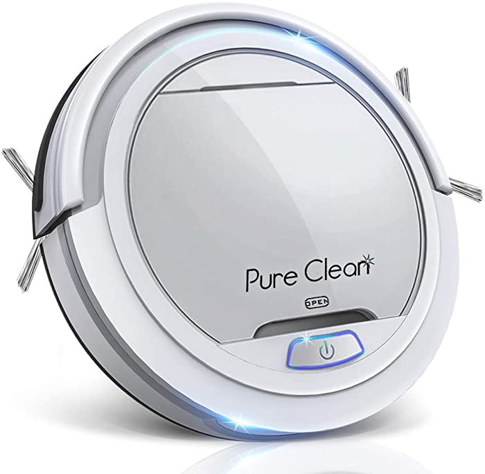 Pure Clean Robot Vacuum Cleaner-Upgraded Lithium Battery 90 Min Run Time-Automatic Bot Self Detects Stairs Pet Hair Allergies Friendly Home Cleaning for Carpet Hardwood Floor-PUCRC25, 1 pack, White