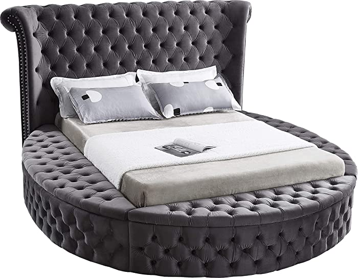 Meridian Furniture Luxus Collection Modern | Contemporary Round Shaped Velvet Upholstered Bed with Deep Button Tufting and Footboard Storage, King, Grey