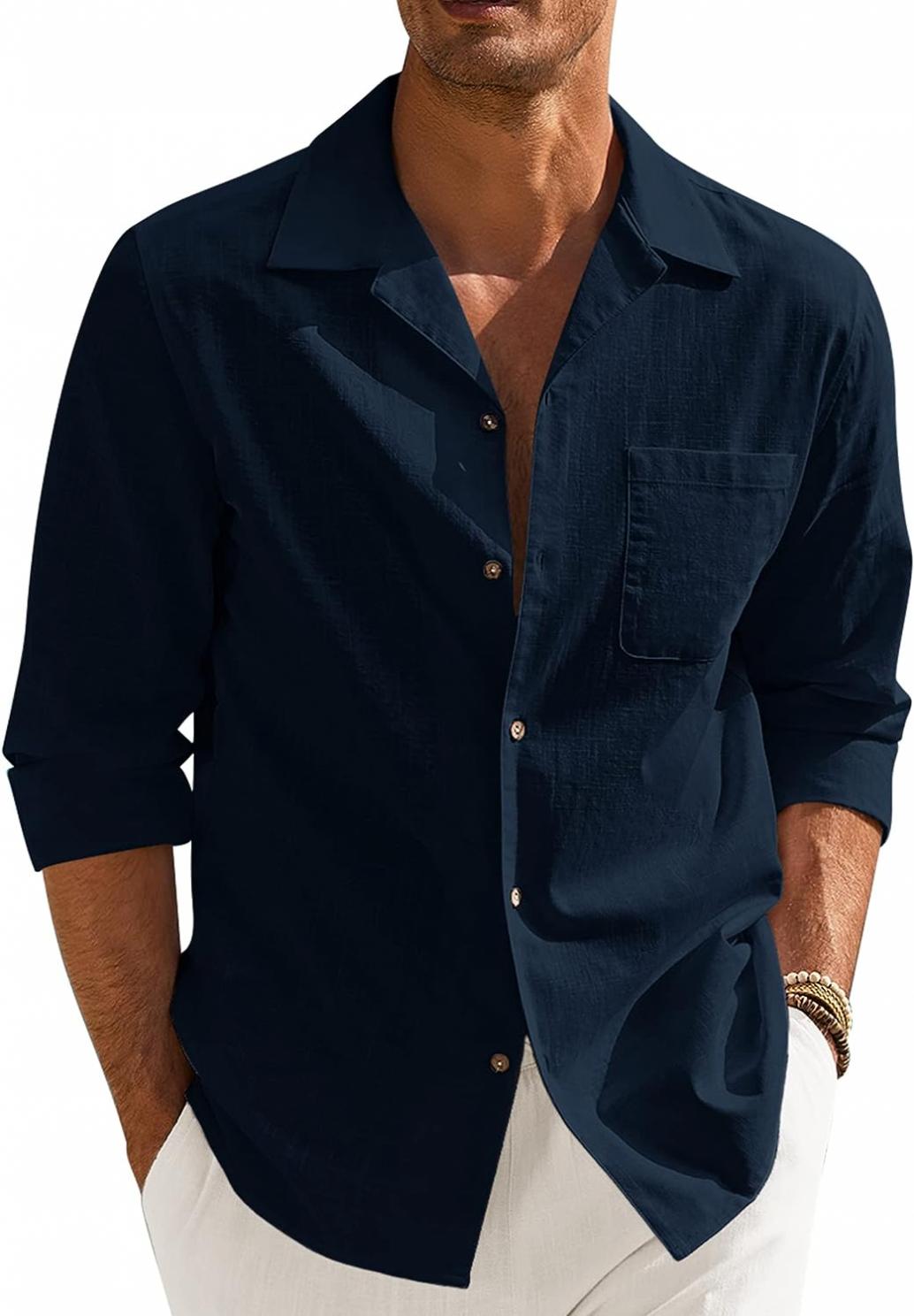 COOFANDY Men's Cotton Linen Shirts Long Sleeve Casual Buttton Down Shirts Beach Top