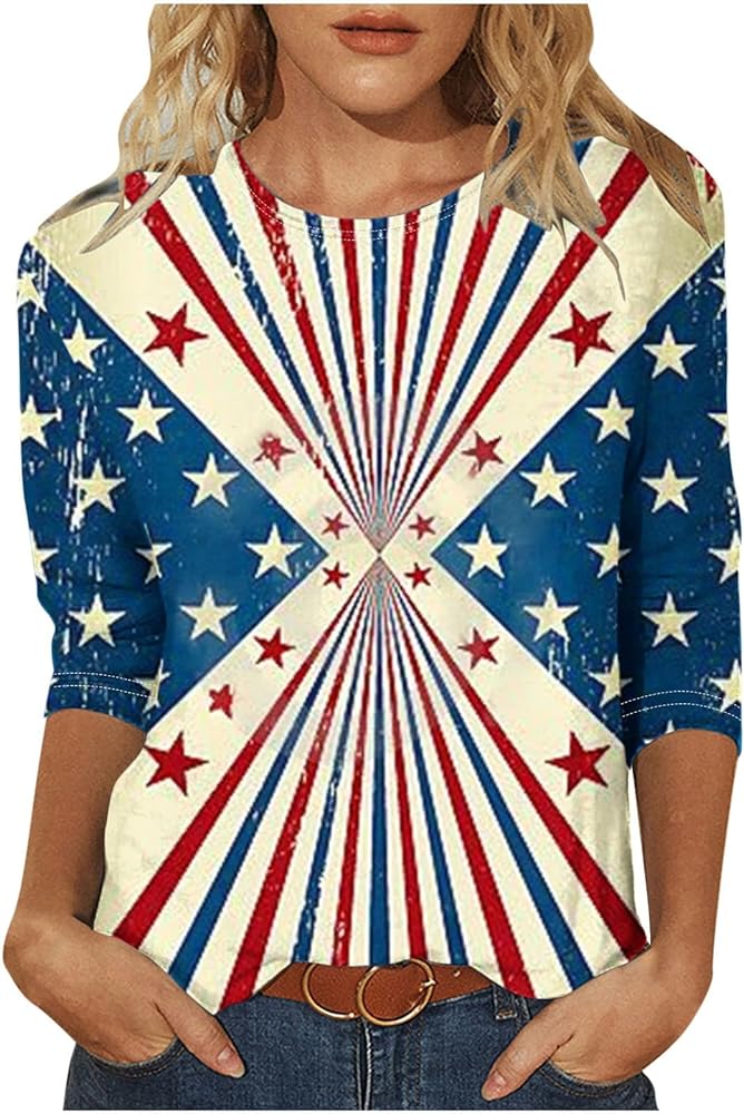Women Fourth of July Tops 3/4 Lenght Sleeve American Flag Patriotic Shirts Funny Loose Fit Summer Trendy Tunic Clothes