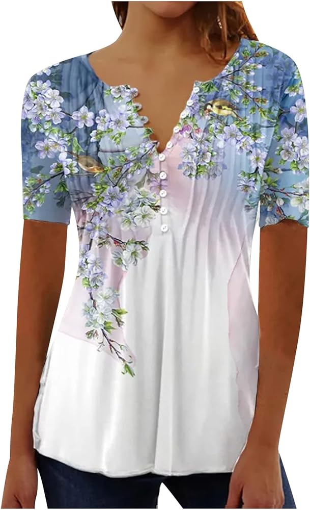 SMIDOW Womens Tunic Tops Trendy Vintage Boho Shirts Short Sleeve Notch v Neck t-Shirt 2023 Casual Summer Blouse Empire Waist