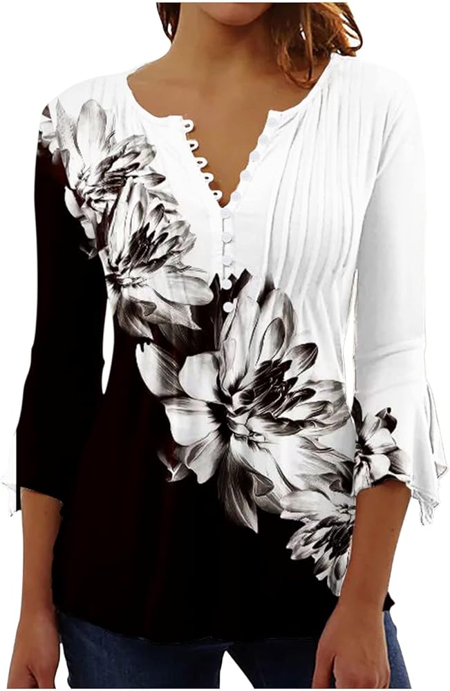 SMIDOW Three Quarter Bell Sleeve Tops For Women Fashion Summer Tunic Shirt 3/4 Sleeve Henley v Neck Boho Floral Tshirt Blouse