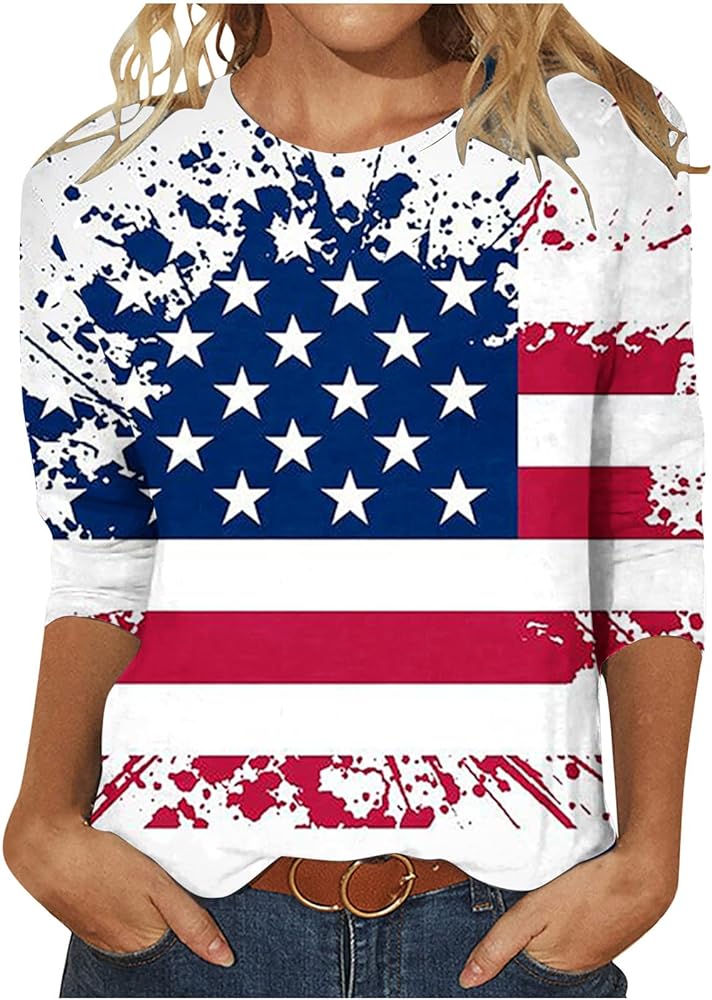symoid American Flag Shirts for Women Casual Round Neck Retro Independence Day Blouse 3/4 Sleeve Summer Retro July 4th Tops