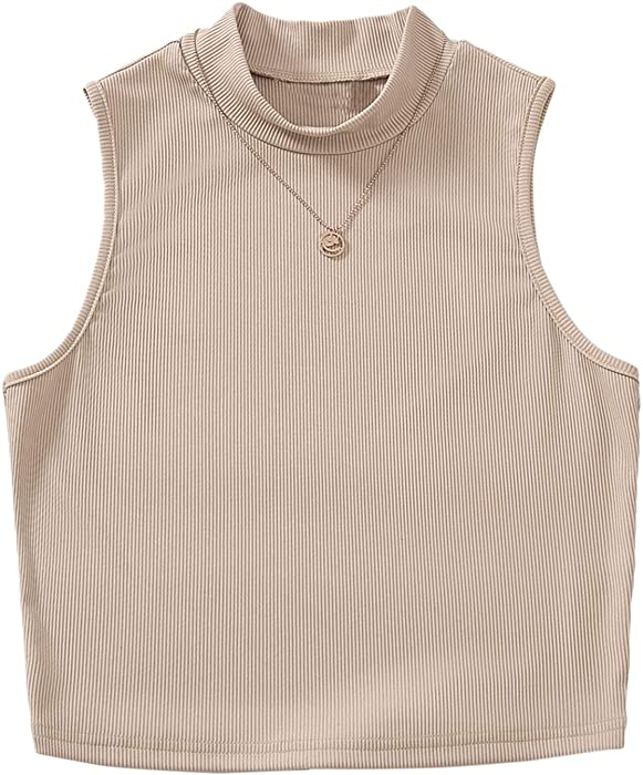 SOLY HUX Women's Casual Mock Neck Sleeveless Ribbed Knit Crop Tank Top