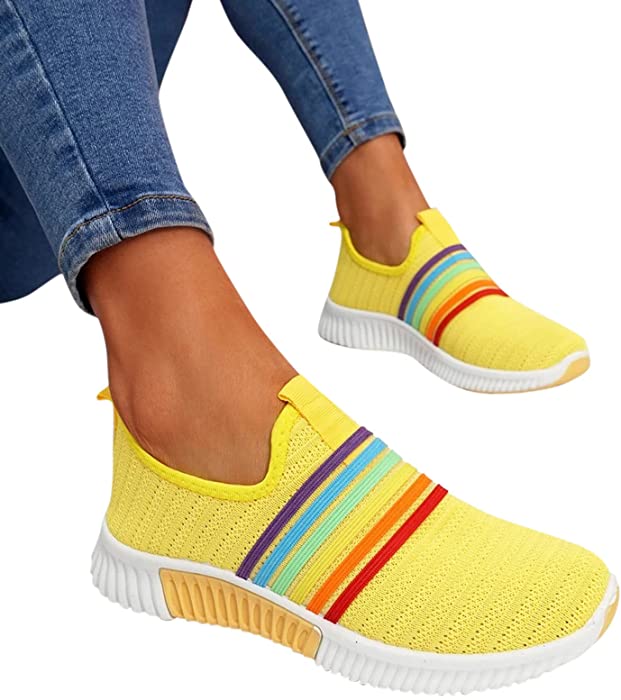 Rainbow Stripe Sneakers for Women Mesh Casual Shoes Flat Sport Shoes Fashion Slip On Breathable Soft Sneakers Shoes for Women