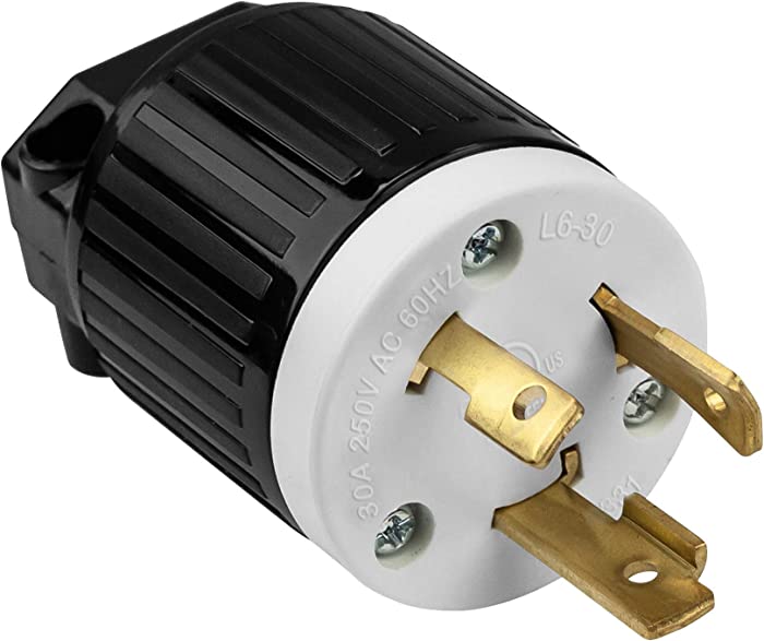 ENERLITES NEMA L6-30P Locking Plug Connector for Generator, Twist Lock Male Plug, 30 Amp, 250 Volt, 2 Pole, 3 Wire Grounding, Industrial Grade Heavy Duty, UL Listed, 66461-BK, Black