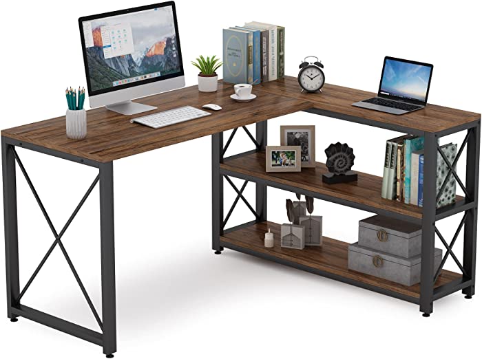 Tribesigns Reversible Industrial L-Shaped Desk with Storage Shelves, Corner Computer Desk PC Laptop Study Table Workstation for Home Office Small Space, Rustic Brown