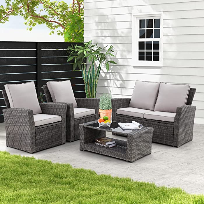 HOMREST 4 Piece Patio Furniture Sets, Wicker Outdoor Conversation Sets with 4 Seats, All-Weather PE Rattan Outdoor Patio Furnture w/Glass Tabletop