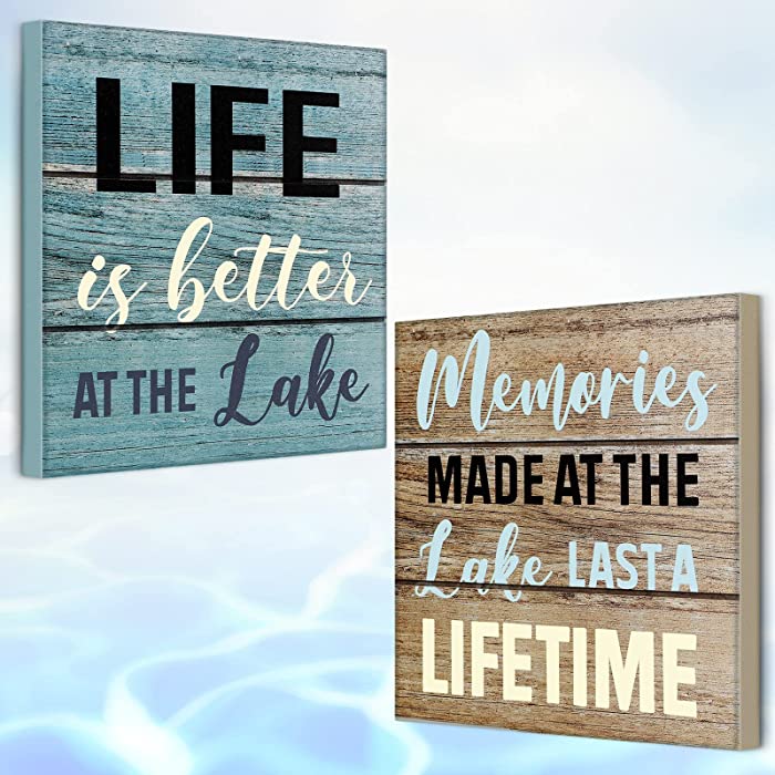 2 Pcs Summer Lake House Decor Memories at The Lake Life Is Better at The Lake Box Sign Wooden Motivational Decor Rustic Lake Cabin Home Wall Decor Primitive Country Lake Sign Farmhouse Kitchen Decor