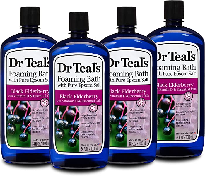 Dr Teal's Foaming Bath with Pure Epsom Salt, Black Elderberry with Vitamin D, 34 fl oz (Pack of 4)