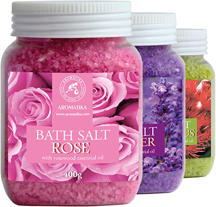 Bath Salts Set 42 oz - Lavender - Rose - Eucalyptus - 100% Bath Salts - Lavanda Rosa Eucalitpus Salt - Best for Good Sleep - Stress Relief - Bathing - Body Care - Beauty - Relaxation - Spa