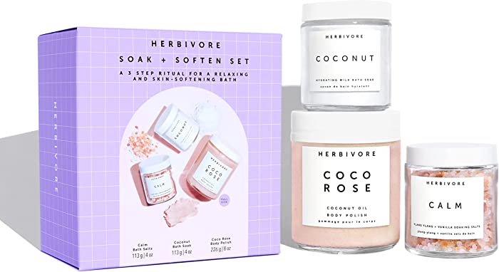 Herbivore Botanicals Soak and Soften Set – Coco Rose Body Polish (8 oz), Coconut Bath Soak (4 oz) and Calm Bath Salts (4 oz) for a Relaxing and Skin-Softening Bath