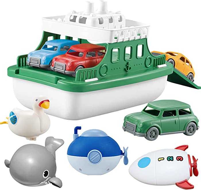 OKGIUGN Ferry Boat Toys Set with 4 Cars and 4 Wind Up Bath Swimming Toys, Kids Bath Toy Floating Vehicle Whales Submarines Swans Rockets, Bathtub Bathroom Pool Beach Toys for Toddlers Boys Girls Kids
