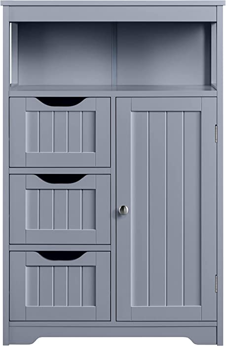 Topeakmart Wood Bathroom Floor Cabinet, Free Standing Storage Cabinet with 3 Drawers and Cupboard, Hallway/Entryway Cabinet, Living Room Accent Furniture, Gray