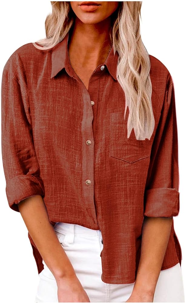 Womens Solid Button Down V Neck T Shirt Summer Cotton Linen Loose Blouse Long Sleeve Casual Work Tunic Tops
