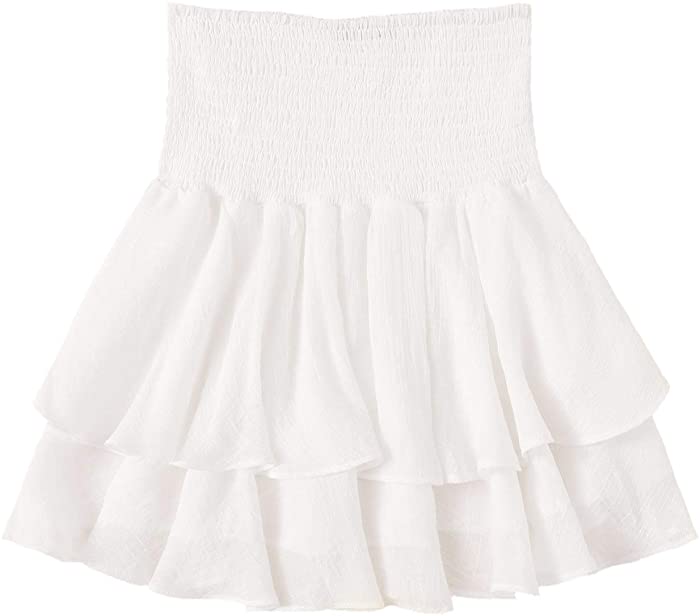 SheIn Women's Solid Shirred High Waist Layered Ruffle Hem Flared Mini Skirt