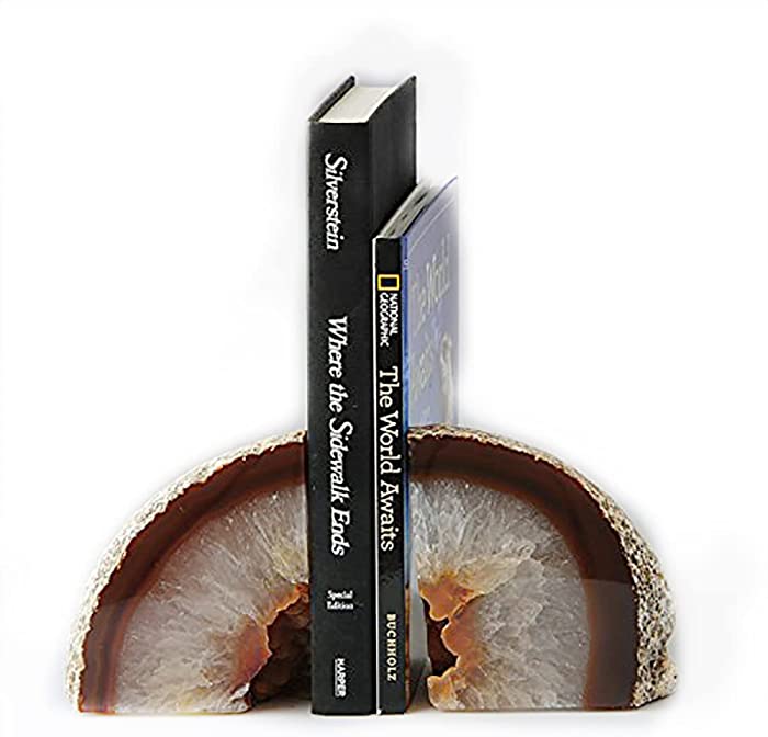 JIC Gem 1 Pair( 6 to 8 Lbs) Natural Agate Bookends Decorative geode Book Ends for Heavy Books with Rubber Bumpers Crystal Bookends for Shelves and Office Decoration