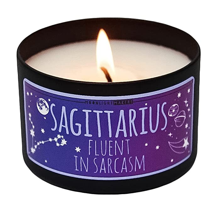 Moonlight Makers Zodiac - Sagittarius, Fluent In Sarcasm Candle, Caribbean Teakwood Scented Handmade Candle, Natural Soy Wax Candle, 25+ Hour Burn Time, 8oz Tin