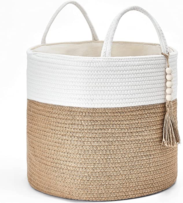 Mkono Woven Storage Basket Decorative Natural Rope Basket Wooden Bead Decoration for Blankets,Toys,Clothes,Shoes,Plant Organizer Bin with Handles Living Room Home Decor, 16"x13",White and Yellow