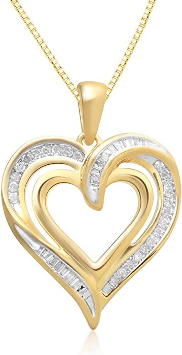 Jewelili Heart Necklace Pendant with Natural White Round and Baguette Diamonds 1/4 Cttw in Sterling Silver or Yellow or Rose Gold over Sterling Silver 18 Inches Box Chain