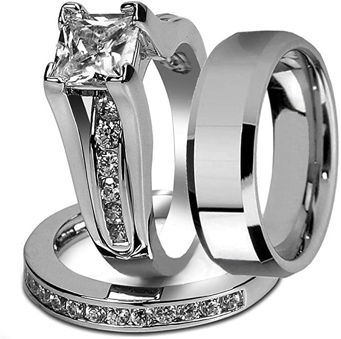 His and Hers Stainless Steel Princess Wedding Ring Set & Beveled Edge Wedding Band