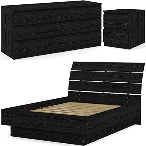 Home Square Contemporary 3 Piece Bedroom Set with Wood Platform Full Size Bed and 6 Drawer Wood Double Bedroom Dresser and 2 Drawer Wood Night Stand in Black Woodgrain