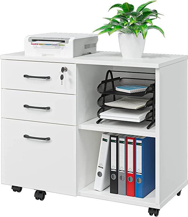 Panana Wood File Cabinet, 3 Drawer Mobile Lateral Filing Cabinet on Wheels, Printer Stand with Open Storage Shelves for Home Office (White)