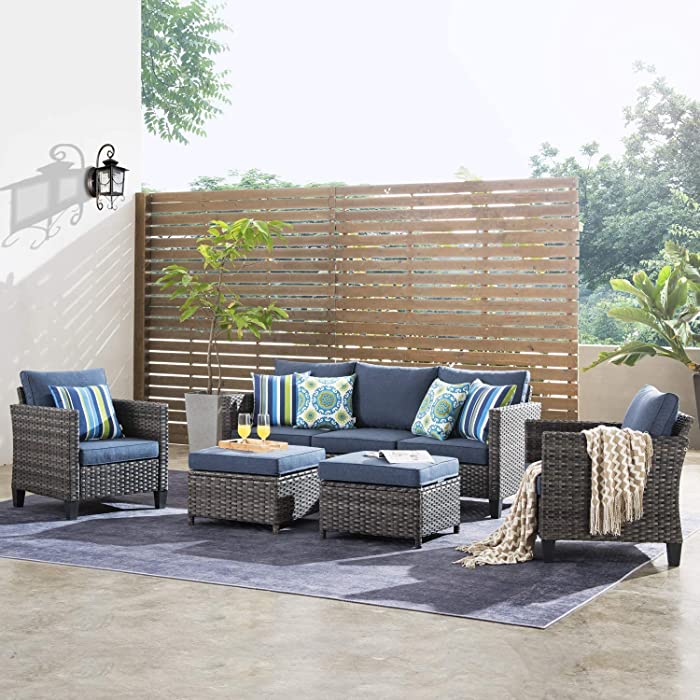 ovios Patio Furniture, Outdoor Furniture Sets, Modern Wicker Patio Furniture Sectional and 2 Pillows, All Weather Garden Patio Sofa, Backyard, Steel (Grey-Denim Blue)