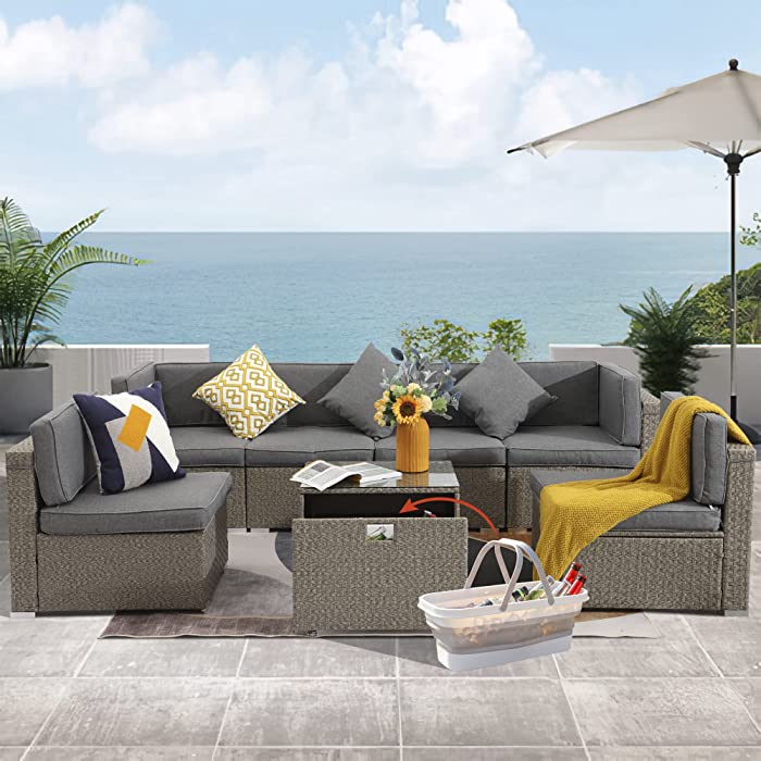 LOUVIXA 7pcs Patio Furniture Set Outdoor Couch Rattan Sectional Sofa Patio Conversation Sofa Set, All-Weather Rattan Wicker Sofa Set with Coffee Table & Waterproof Cushions & Collapsible ice Bucket