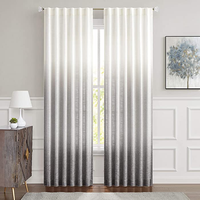 Central Park Ombre Semi Sheer Window Curtain Linen Gradient Print on Rayon Blend Fabric Backtab Rod Pocket Drapery Treatments for Living Room/Bedroom, Cream White to Gray, 50" x 108", Set of 2