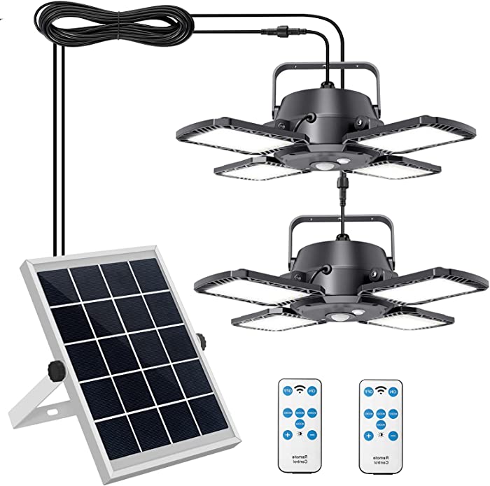 Solar Pendant Lights Outdoor Indoor, Aqonsie 1000LM Dual Head Solar Shed Light, 120° Adjustable Solar Motion Sensor Light with Remote & 4 Lighting Modes for Shed Gazebo Home Barn Chicken Coop Patio