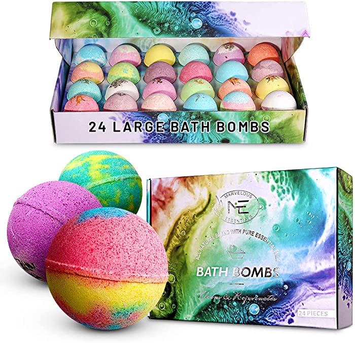 Marvelous Essentials Bath Bomb Gift Set for Women | 24 Aromatherapy BathBombs Crafted From Pure Essential Oils | Fizzy Spa Relaxing Bubble Bath Bombs Make a Great Gift Idea for Women & Kids