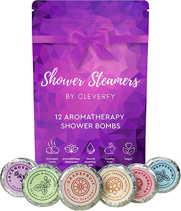 Cleverfy Aromatherapy Shower Steamers - Pack of 12 Shower Bombs with Essential Oils. Purple Multipack: Lavender, Watermelon, Grapefruit, Menthol & Eucalyptus, Vanilla & Orange, Peppermint