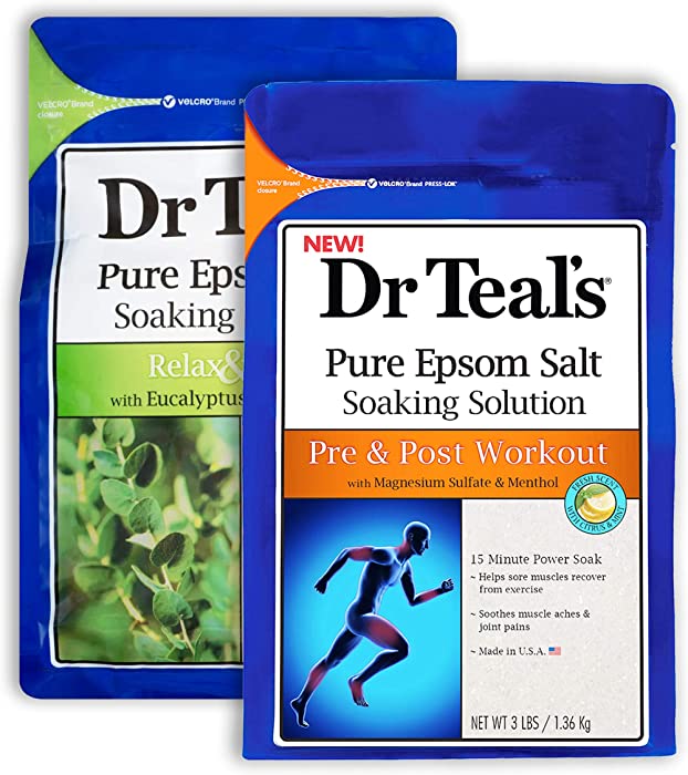 Dr Teal's Epsom Salt Bath Combo Pack (6 lbs Total), Relax & Relief with Eucalyptus & Spearmint, and Pre and Post Workout with Magnesium Sulfate and Menthol