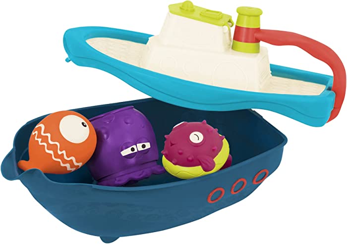 B. toys by Battat-Off The Hook Bath & Beach Toy Boat with Squirting Toys & Hidden Storage Compartment