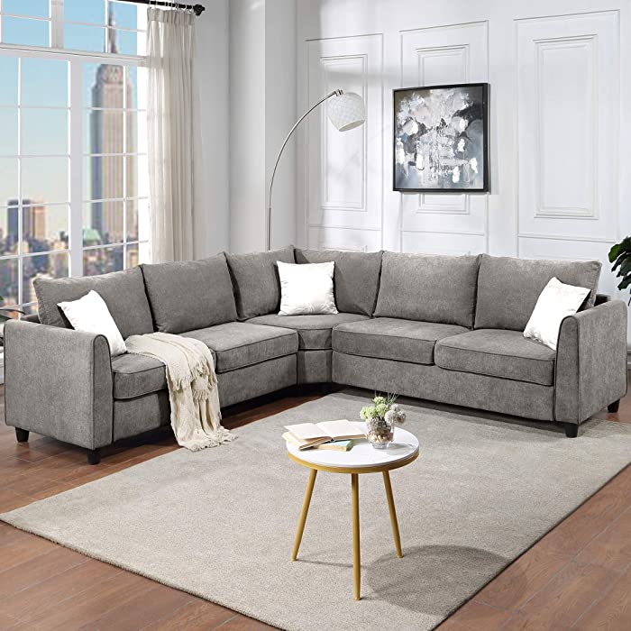 3 Pieces L-Shaped Living Room Sofa Set, 100'' Big Sectional Sofa Couch for Home Use Fabric, with 3 Pillows Included, Grey