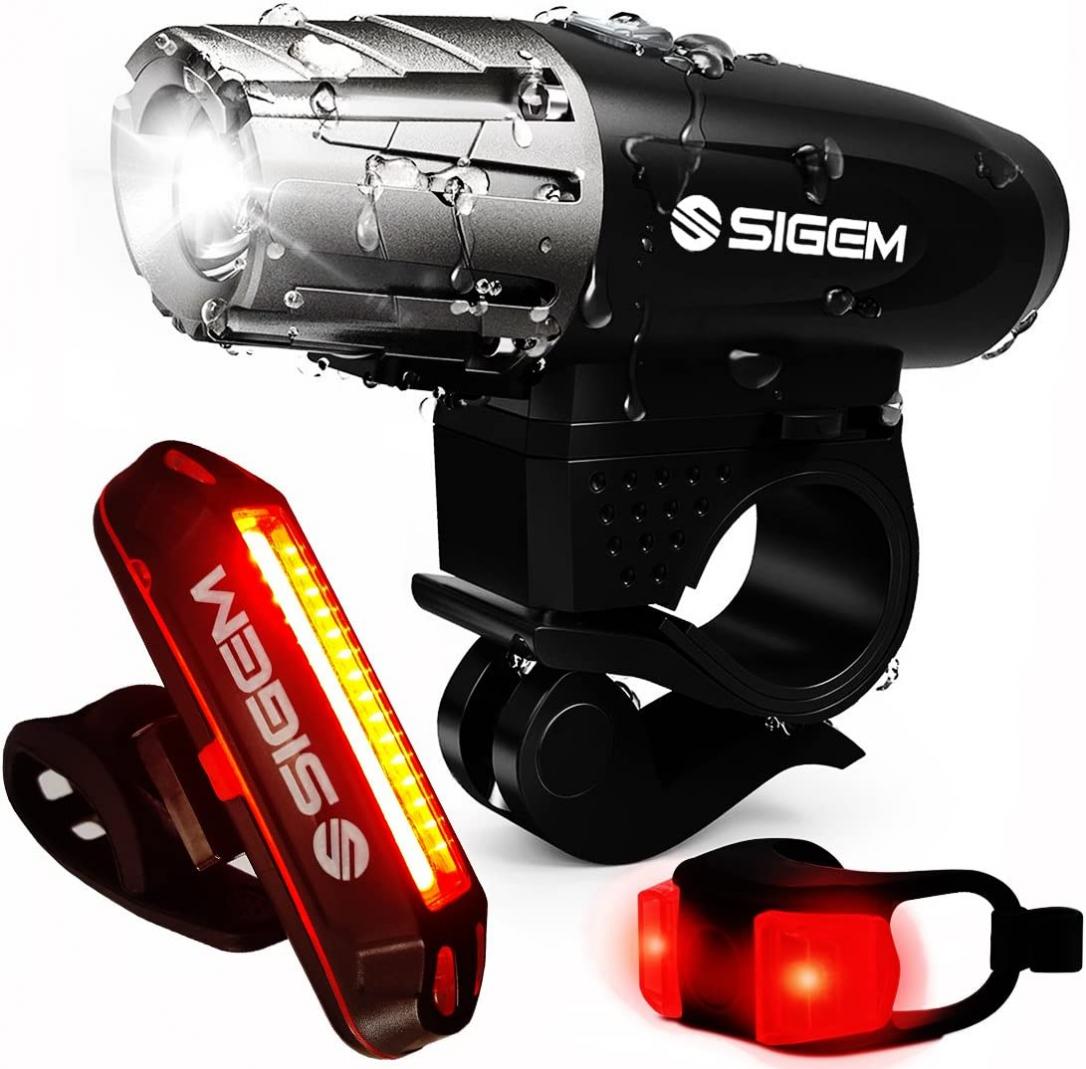 SIGEM Bike Light Set, (3 Pack) Ultra Bright, USB Rechargeable, LED Front Headlight, Rear Taillight and Helmet Light. Bicycle Head & Tail Lights are Waterproof, Easy to Install.