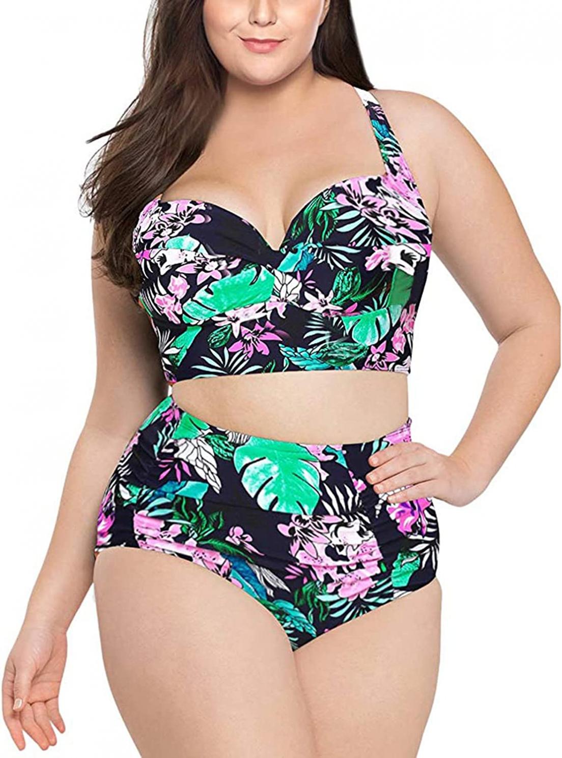 Womens Plus Size One Piece Swimsuit Fashion Tropical Floral Print Sexy Deep V Neck Patchwork Monokinis Backless Slim Bodysuit