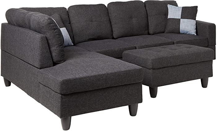 Beverly Fine Furniture Left Facing Linen Russes Sectional Sofa Set With Ottoman, Dark Grey