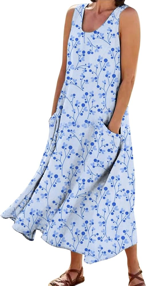 Women's Summer Cotton and Round Neck Sleeveless Pocket Retro Floral Breathable Dress Maxi Dresses for Women