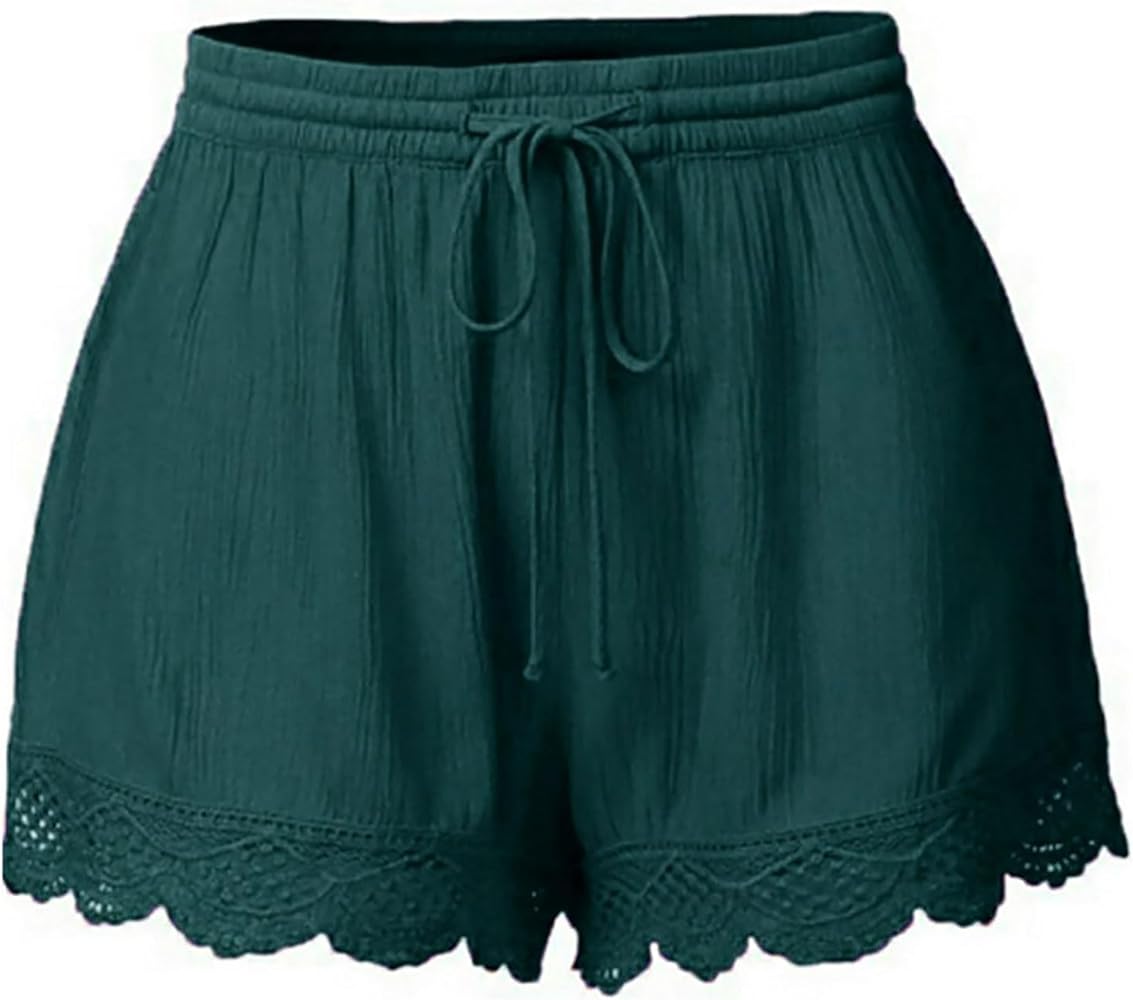 Cotton Shorts for Woman Vintage Solid Drawstring High Waist Lounge Short Pants Comfy Linen Cotton Homewear with Lace Hem