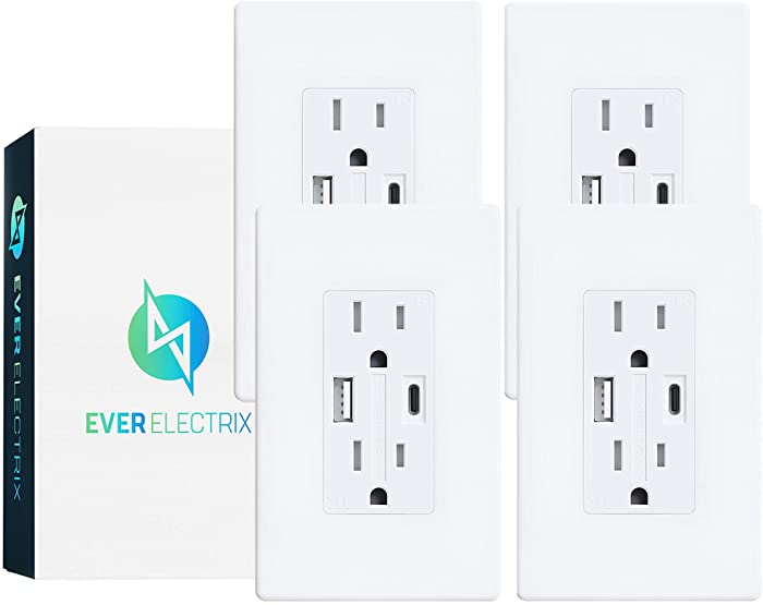 EverElectrix 25W 5.0A USB Type A Wall Outlet with Type C Dual Charging Ports 15A Tamper Resistant Duplex Receptacle Ultra High Speed Charger for iPhone, iPad and Android Devices, UL Listed, Pack of 4