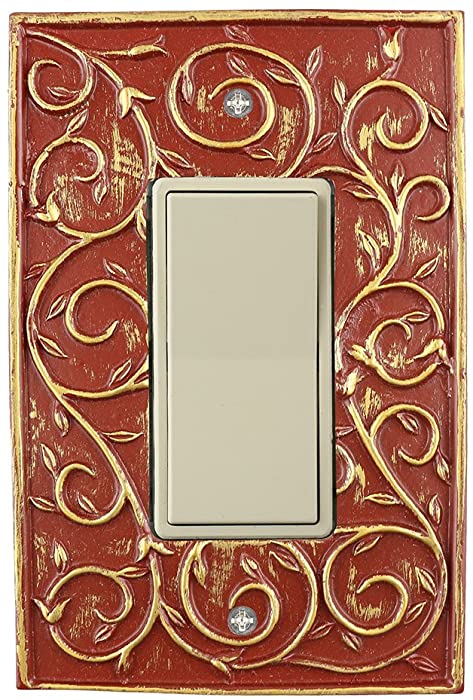 Meriville French Scroll 1 Rocker Wallplate, Single Switch Electrical Cover Plate, Parisian Red with Gold