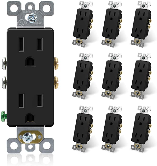 ELEGRP Decorator Receptacle, 15A 125V Standard Electrical Wall Outlet, 2 Pole 3 Wire, No-Tamper Resistant, NEMA 5-15R, Self-Grounding Residential Grade Outlet, UL (Glossy Black, 10 Pack)